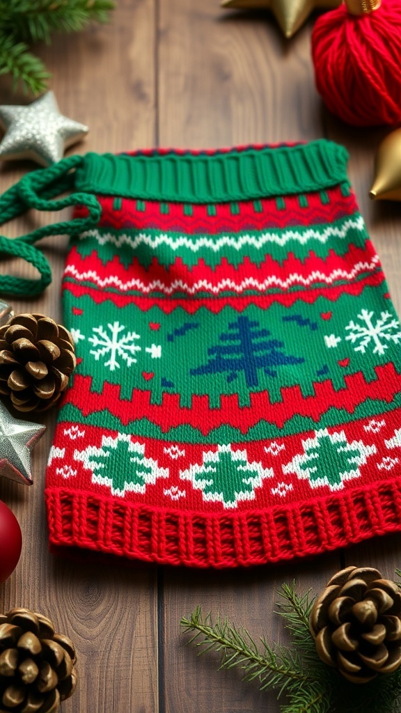 A knitted Christmas background with red and green patterns, showcasing festive designs on a wooden table with holiday decor.